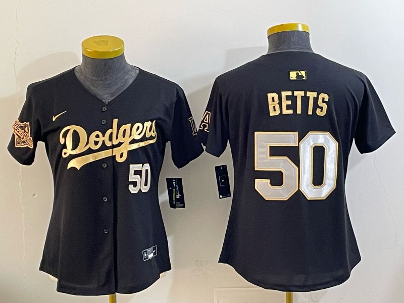 Women Nike 2026 Los Angeles Dodgers #50 Betts Black Gold Game MLB Jersey 062